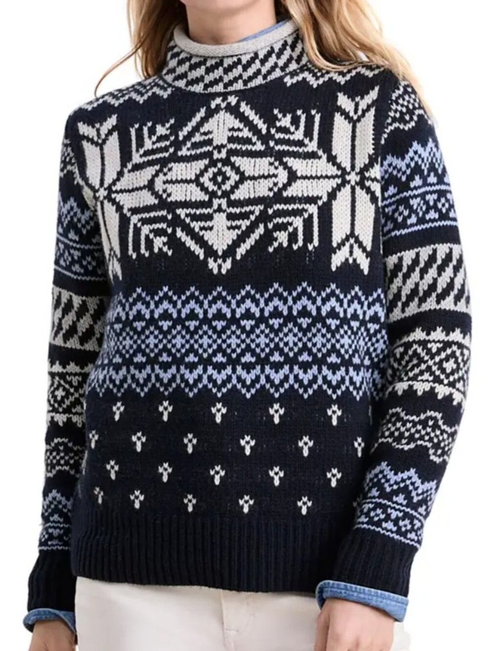 Vineyard Vines Patchwork Fair Isle Roll Neck Sweater Navy Wool Size Small
